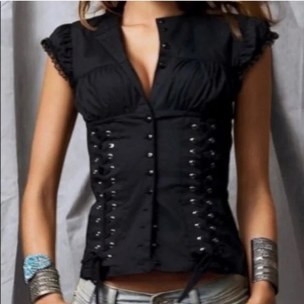 Moda International Lace Up Corset Top Sz S Black Buttons Puff Sleeve Y2K Gothic
